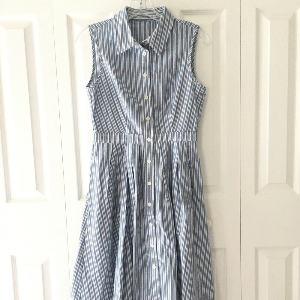 Women's blue and white pinstripe button down dress